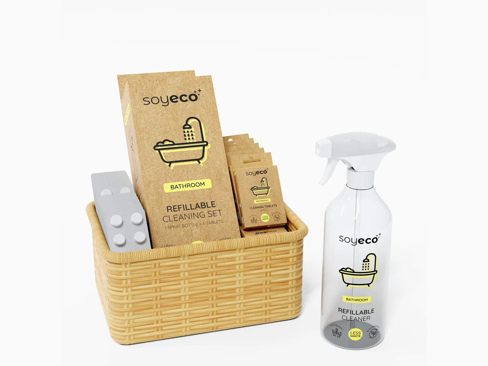 Soyeco Refillable Cleaning Set 3D Amazon lifestyle and bundle render by 3diz Studio