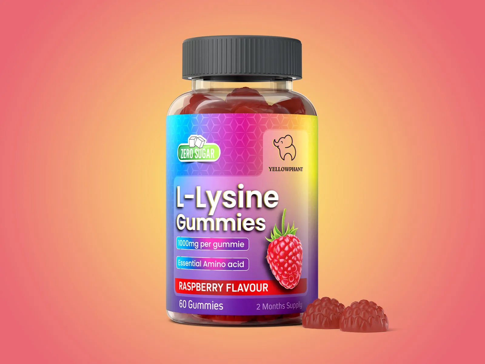 Yellowphant L-Lysine Gummies 3D supplement bottle and translucent gummy rendering by 3diz Studio